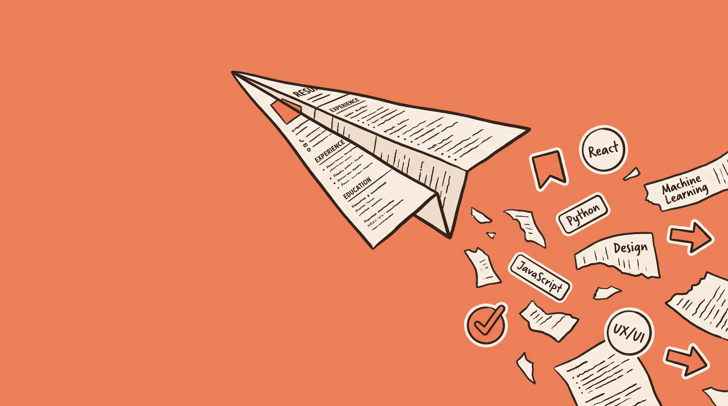 A paper plane made of a resume, flying through skill tags